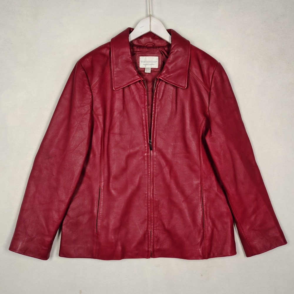 Worthington Red Genuine Lambskin Leather Zip Front Jacket Women XL